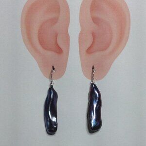 Black Metallic Biwa Pearl Silver Dangling Earring